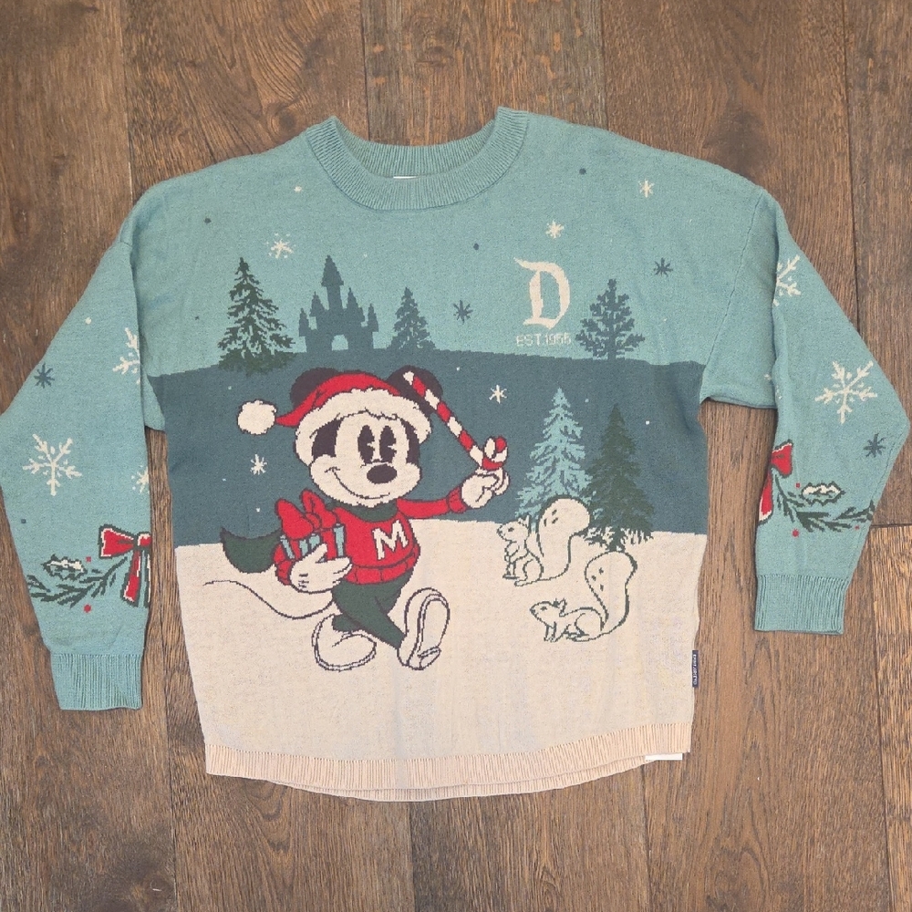 Disney Mickey Mouse Festive Crewneck Sweater - Teal and Cream